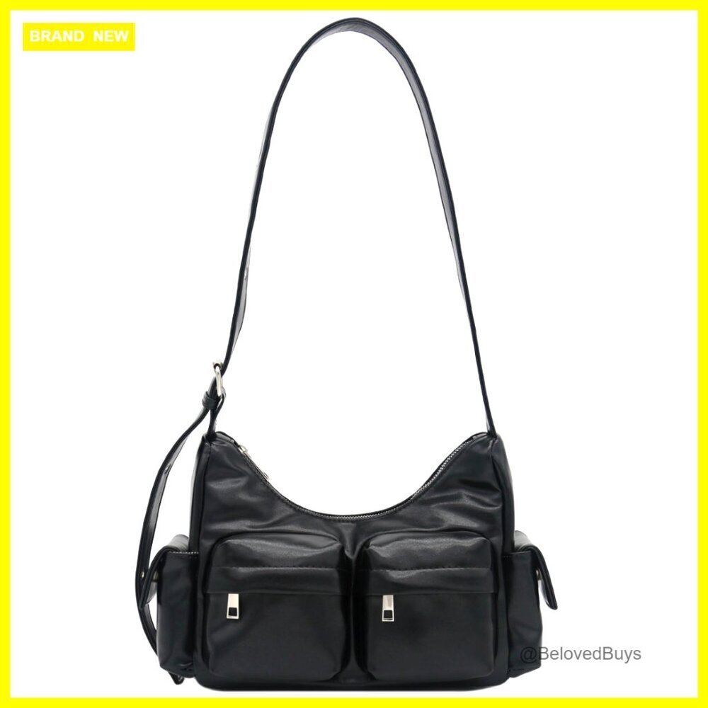 Glossy Faux Leather Shoulder Bag with Multiple Pockets, Adjustable Strap